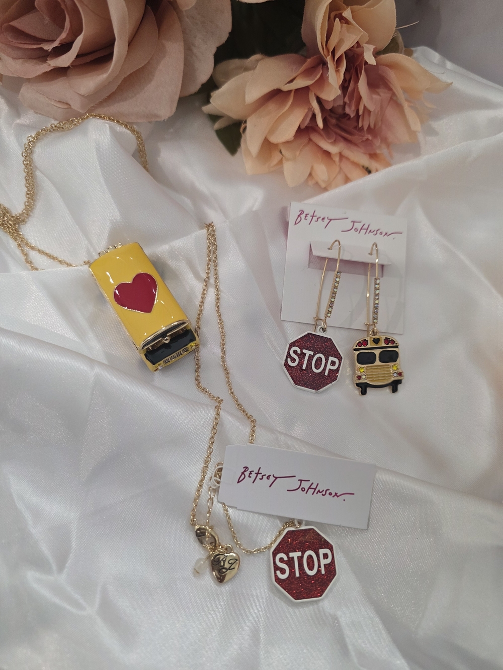 Betsey Johnson Yellow School Bus & Red Stop Sign Jewelry Set